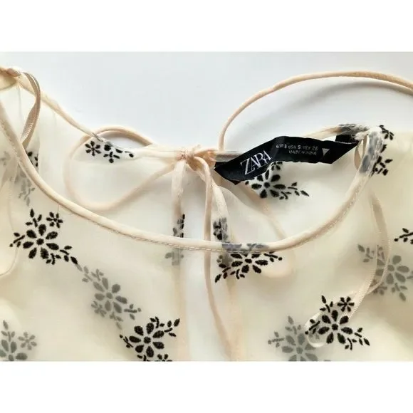 NWOT ZARA Sheer Organza Velvet Floral Puff Sleeve Bustier Crop Top Blouse Size S - Picture 9 of 13